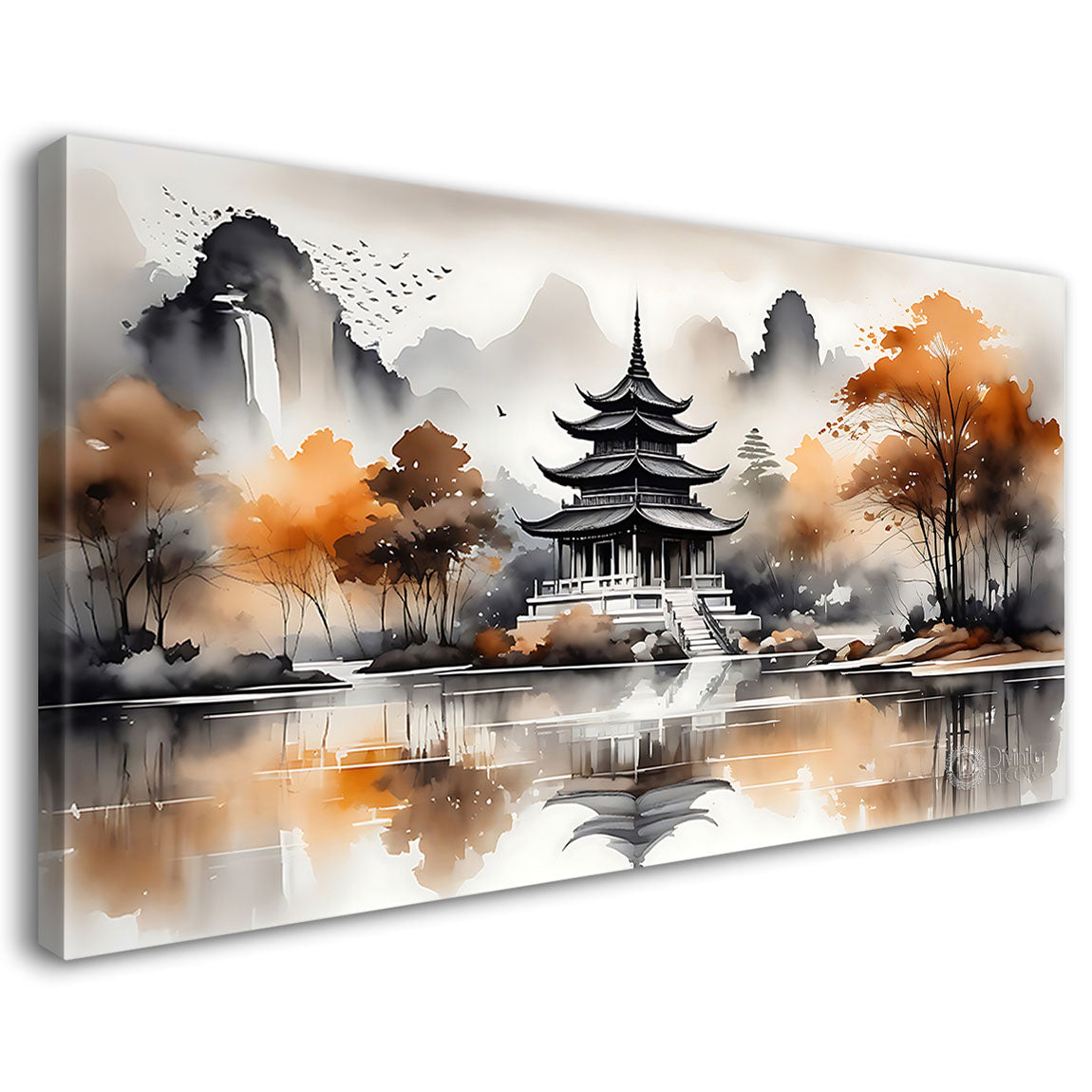 Golden trees and temple with grey and white detailing natural art Canvas Painting - Nature Art -20
