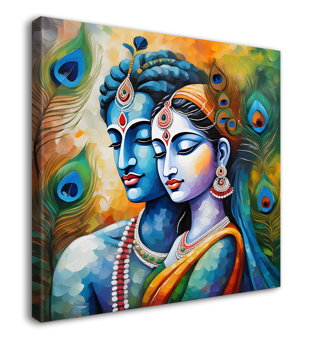 Blue face of krishna and radha with peacock feathers oil painting Canvas Painting 24X24- Design - Krishna-S-20