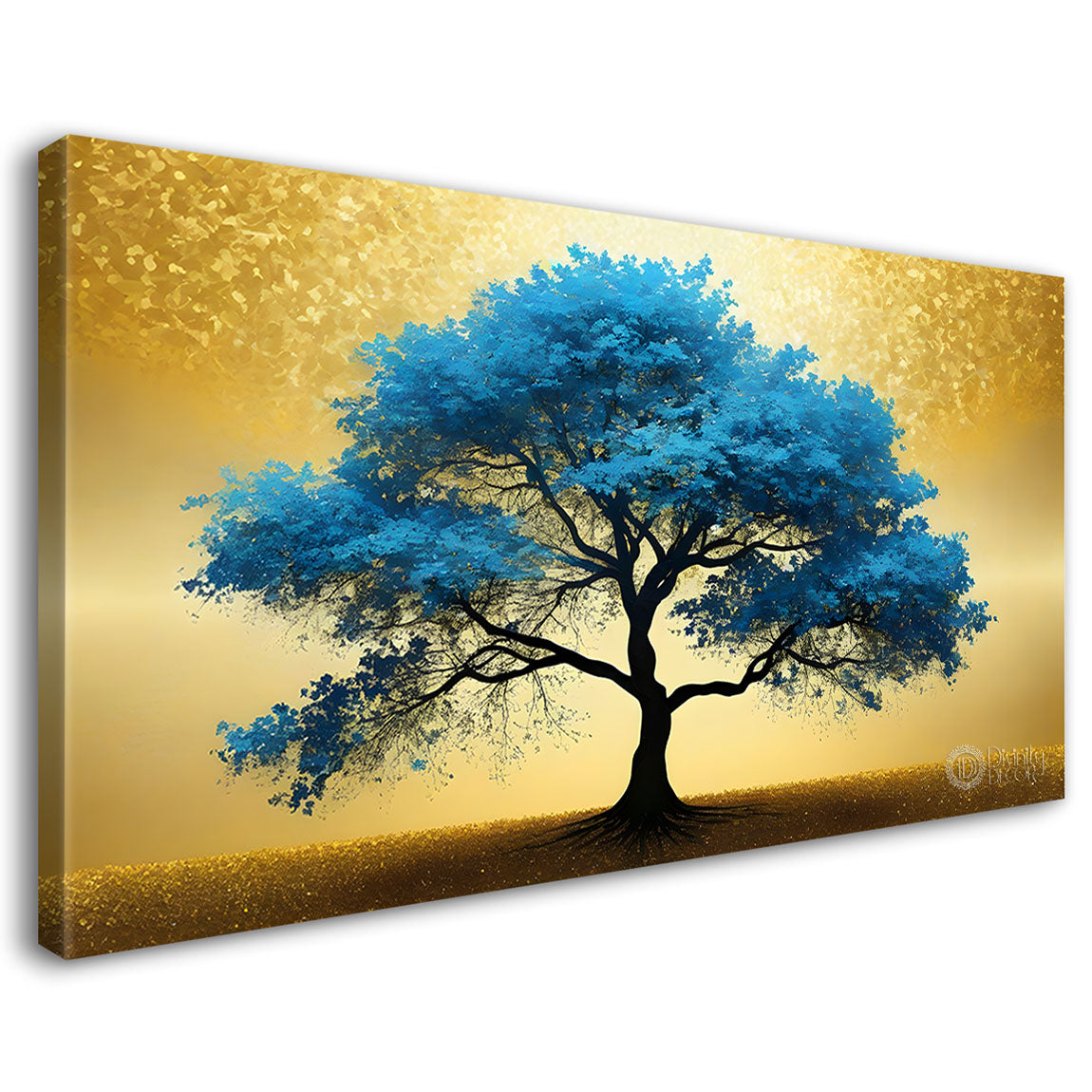 Aqua color tree in golden textured background modern art Canvas Painting - Design - Tree-20