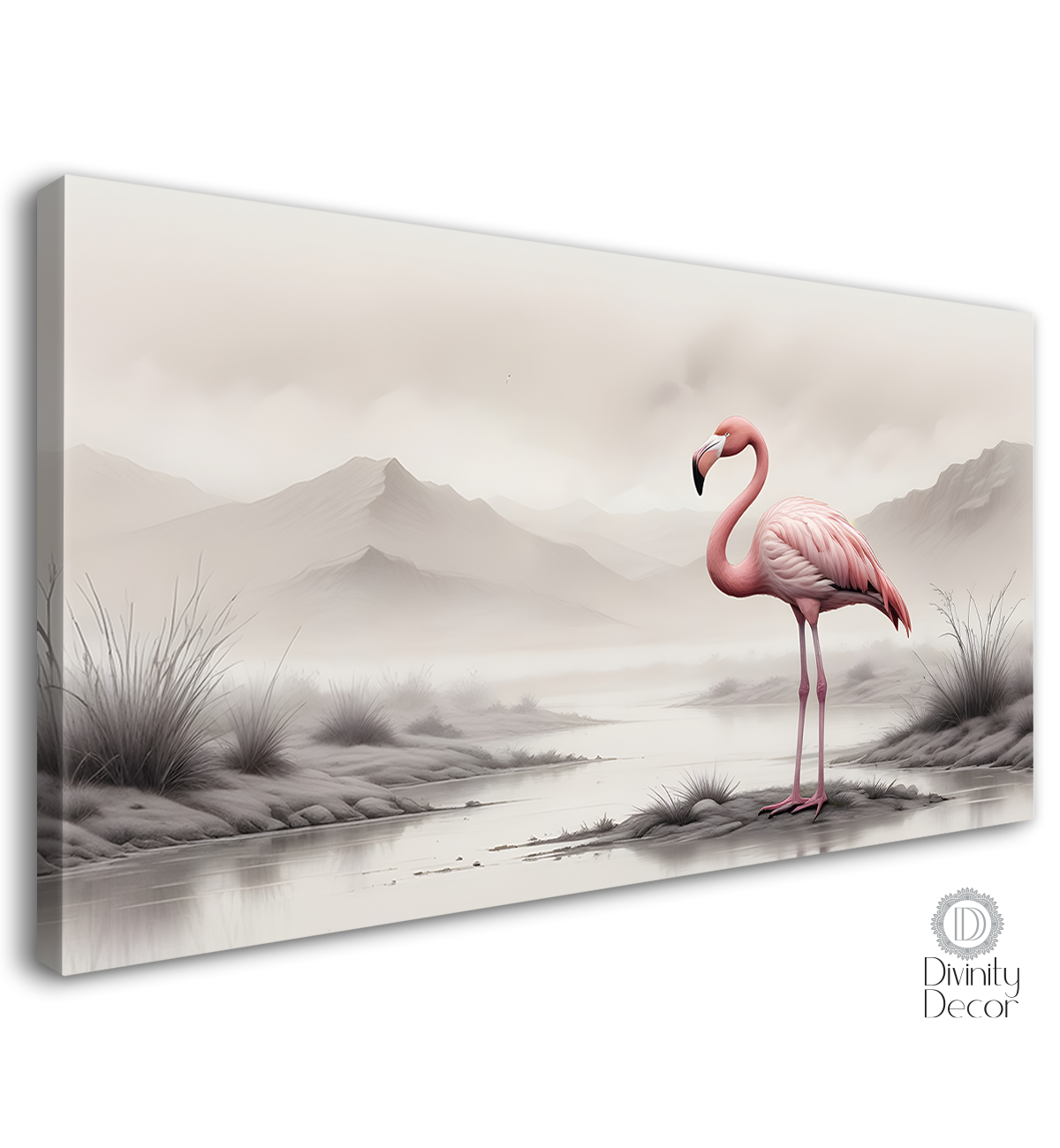 Pink Flamingo with mountains and fog textured art.- Design - Animal -20