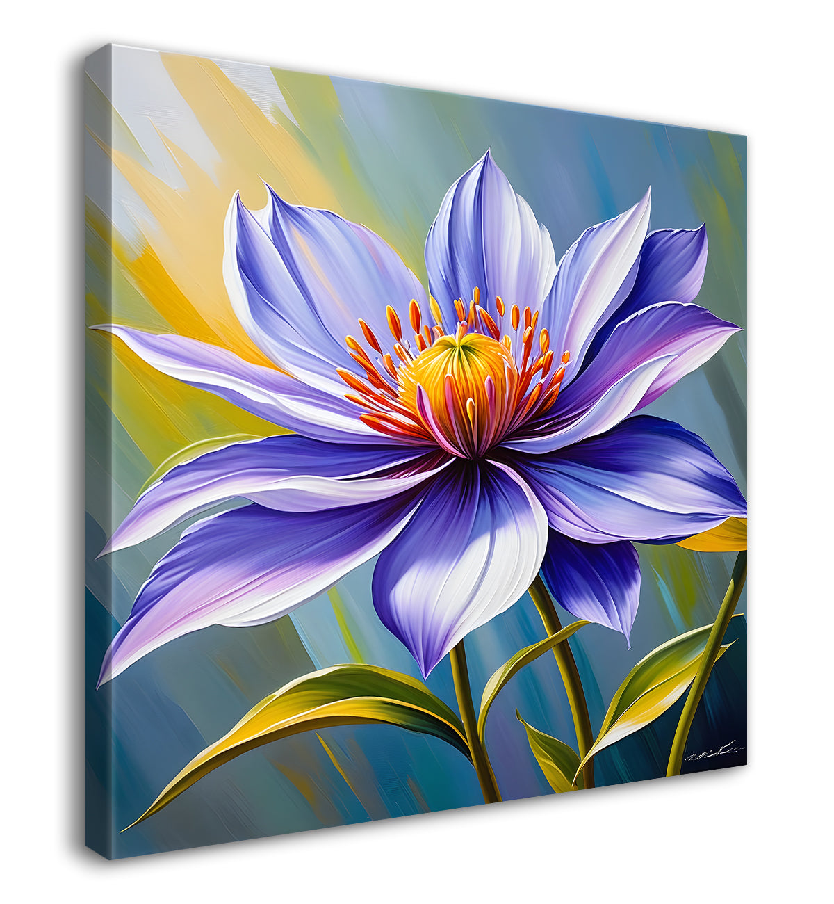 Purple flower in blue background textured painting - Flower-S-20