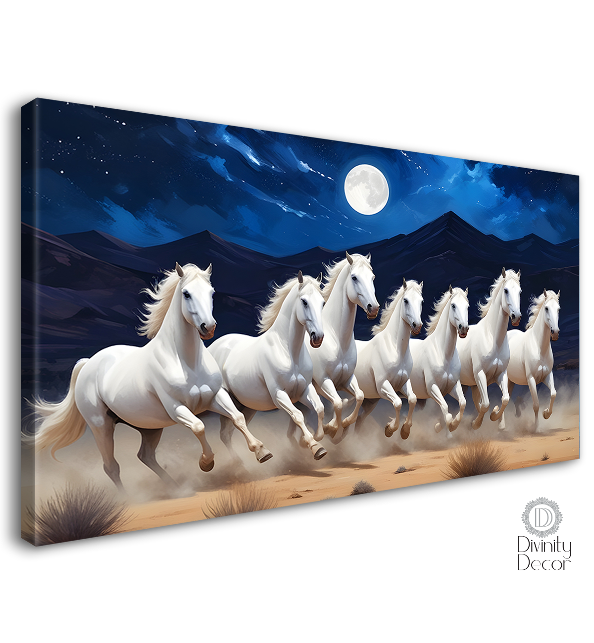 white horses with mountains and moon with blue sky textured background art Canvas Painting - Design - Horse-21