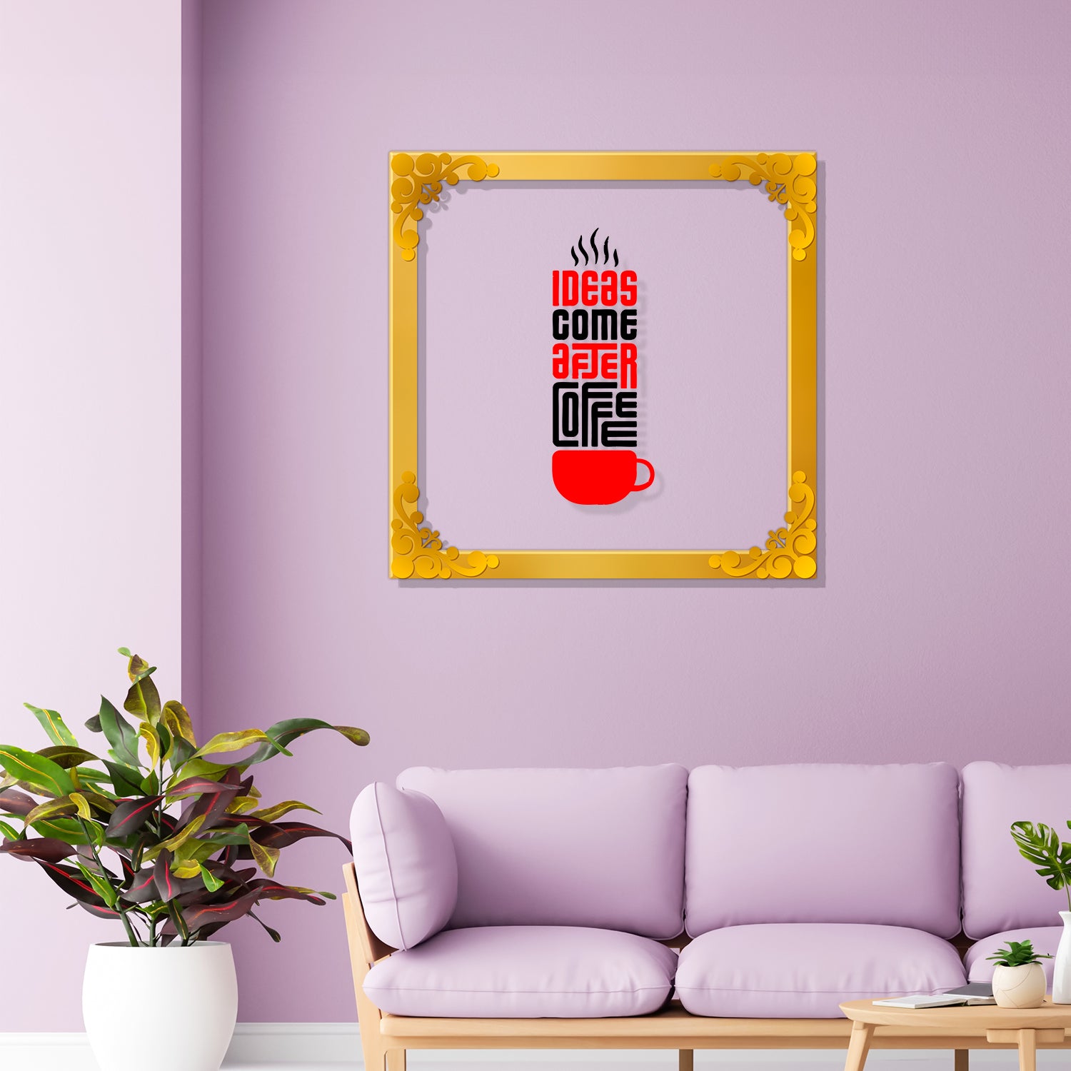 My ideas come after coffee Golden Plaque for Gifting, Wall Decor Clear UV print with Golden Border-210
