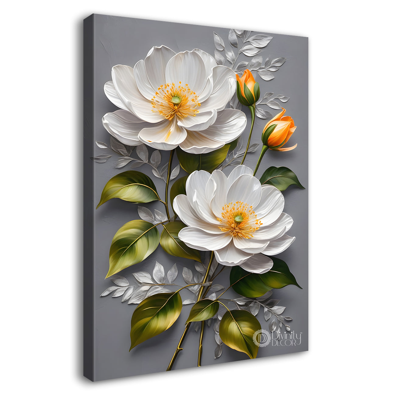 White flowers in grey textured background painting- Flower-V-210