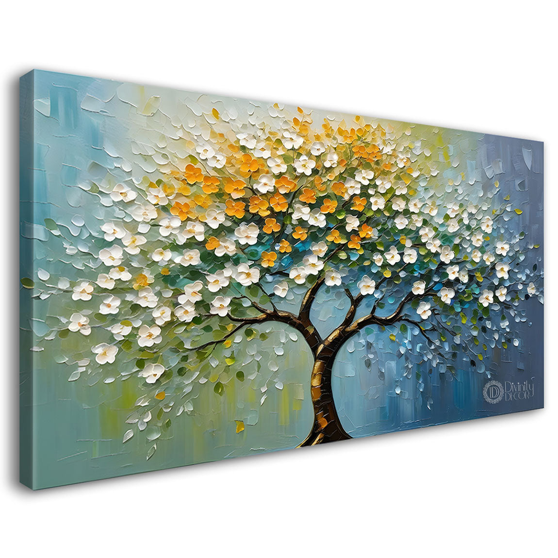 White flower tree in textured background oil painting- Design - Tree-212