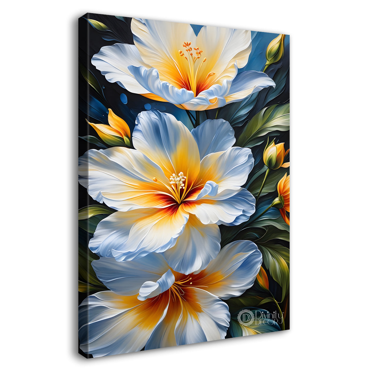 White flowers in blue textured background painting- Flower-V-213