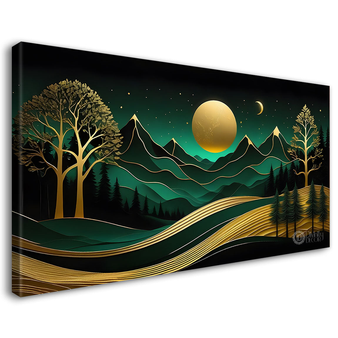 Green mountains with golden moon and trees Canvas Painting - Nature Art -214