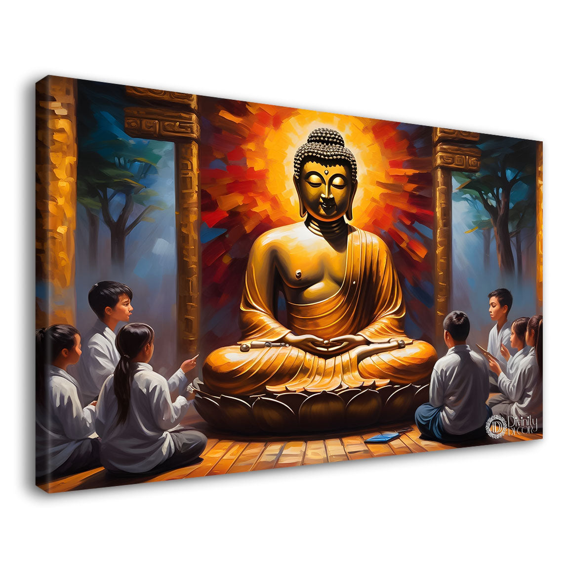 Golden buddha with red  textured background painting Canvas Wall Painting - Buddha-215