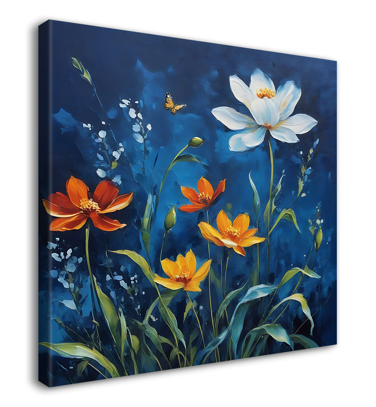 White and orange flowers in navy blue painting - Flower-S-215