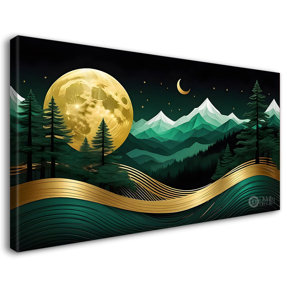 Green mountains with golden moon and trees Canvas Painting - Nature Art -216