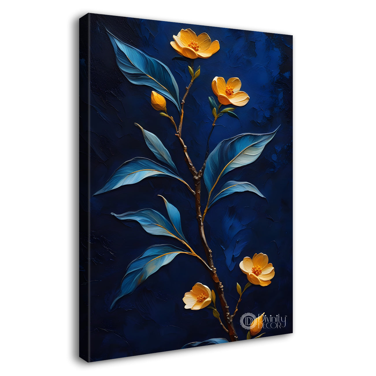 Orange flowers in navy blue textured painting- Flower-V-216