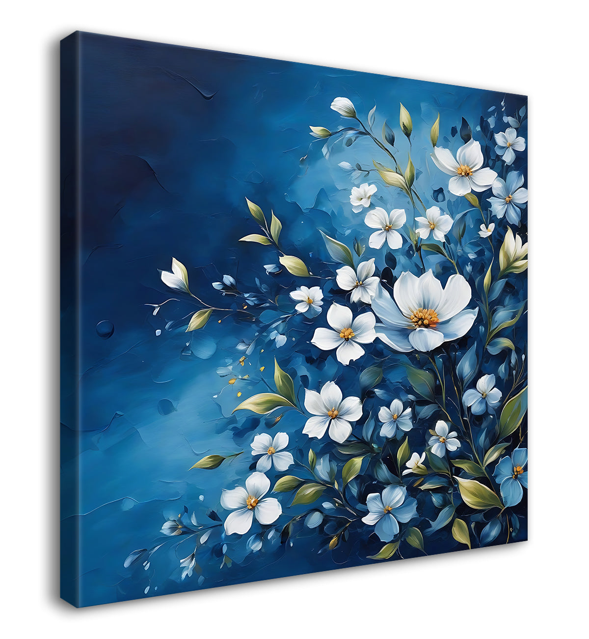 White flowers in navy blue textured painting - Flower-S-216