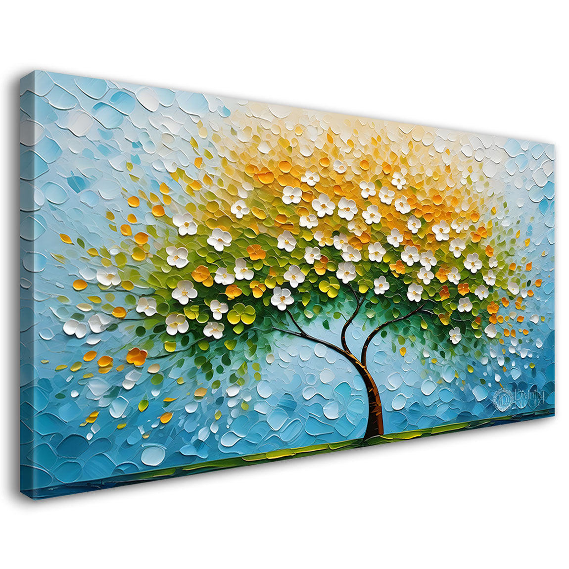 White flower tree in textured background oil painting- Design - Tree-218