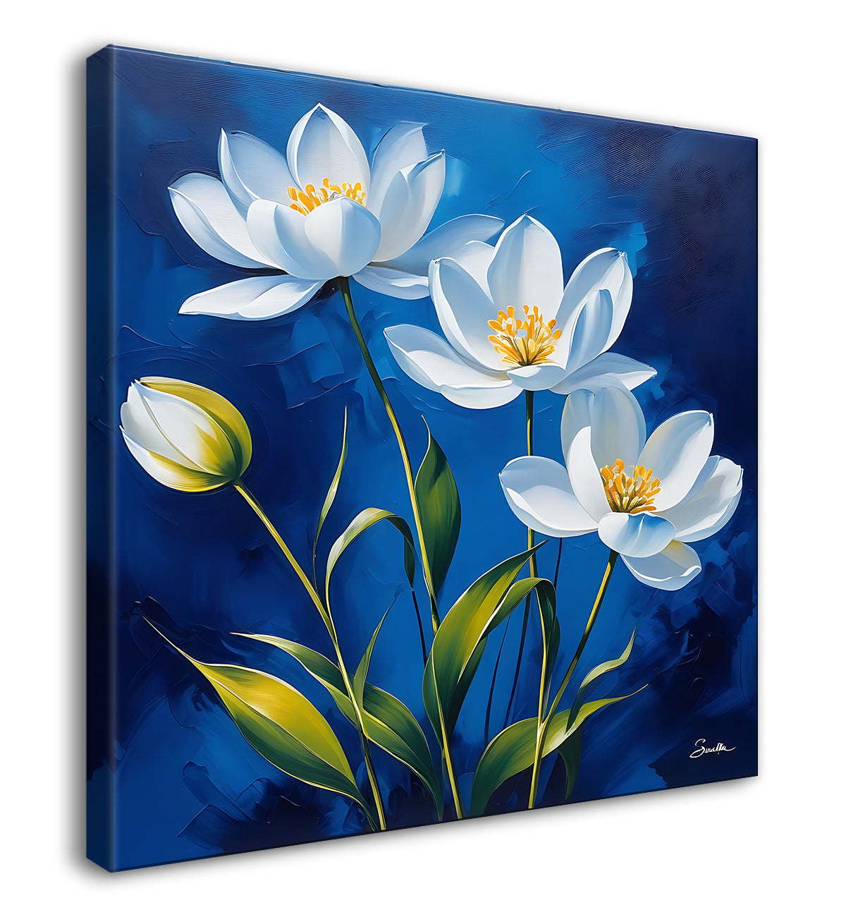 White flowers in navy blue textured painting - Flower-S-218