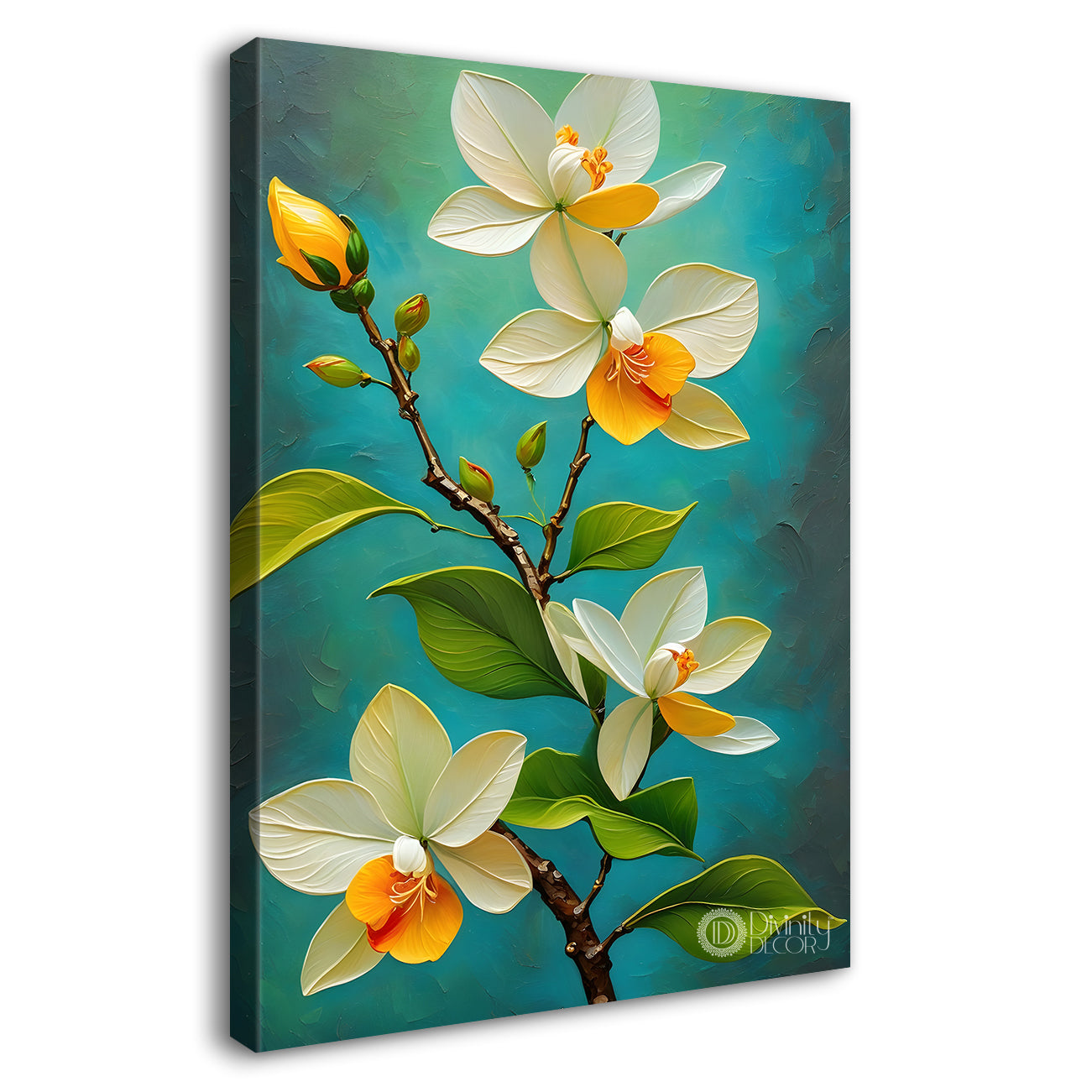 White flowers in green textured background painting- Flower-V-218