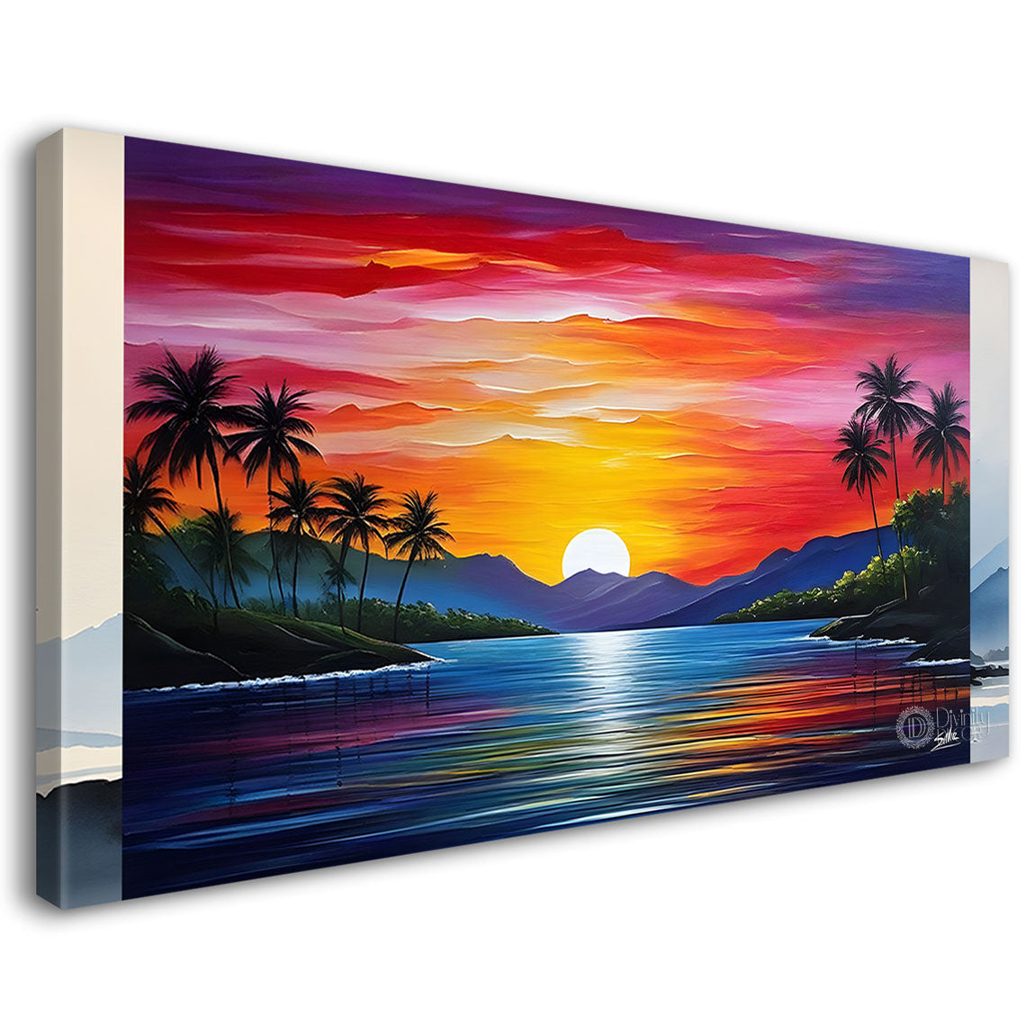 Mountains with trees and river with pink sky painting Canvas Painting - Nature Art -219