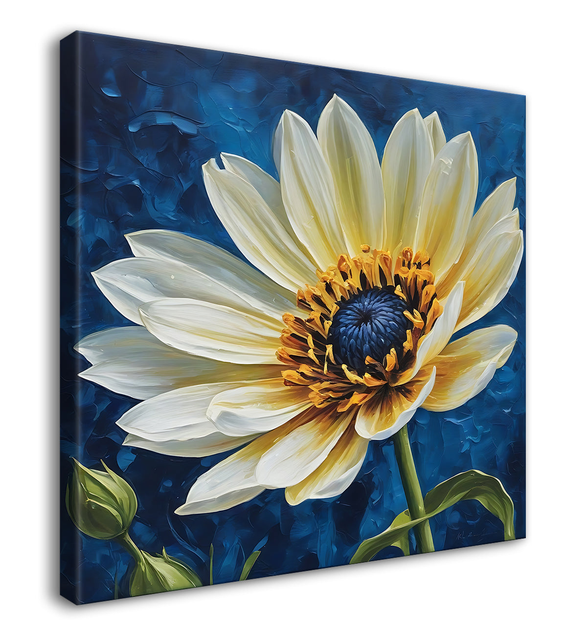 White flower in navy blue textured painting - Flower-S-219