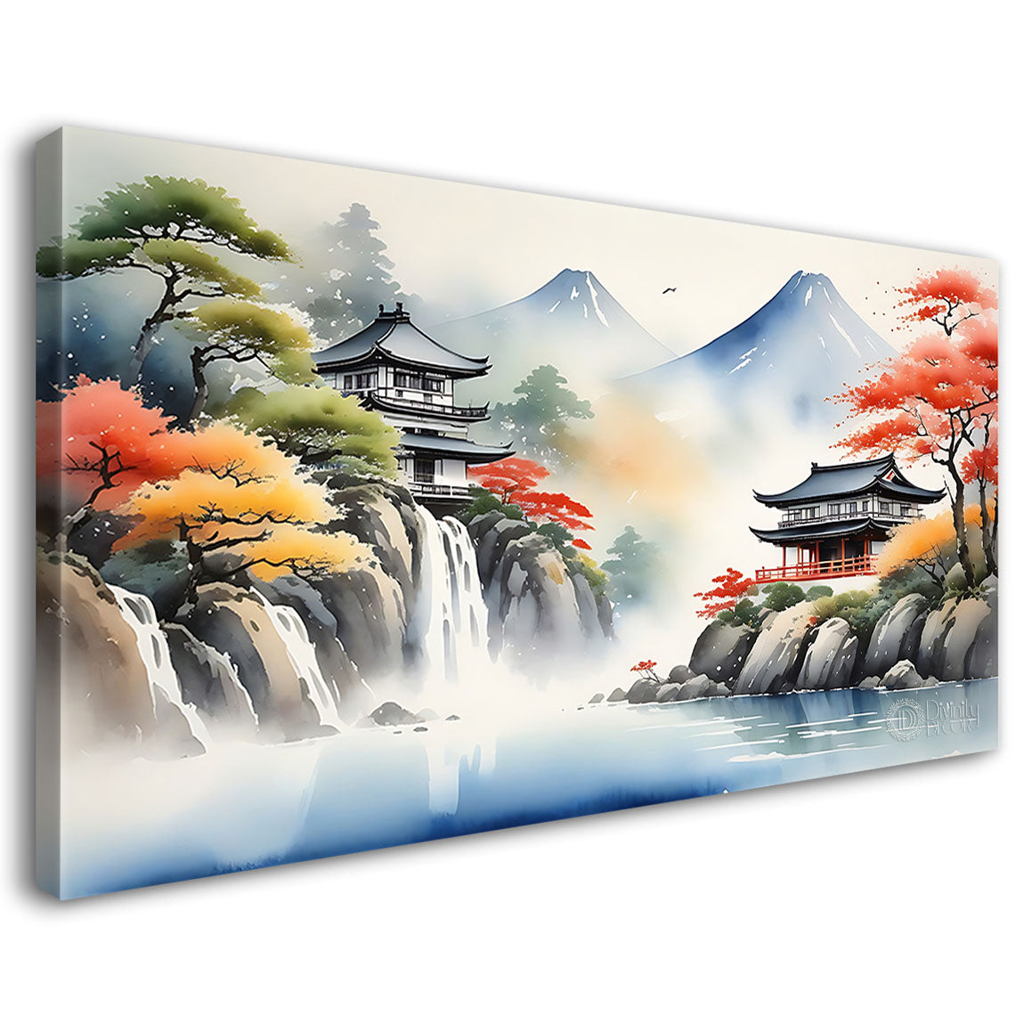 Waterfall with greenery and mountains in textured water color painting Canvas Painting - Nature Art -21