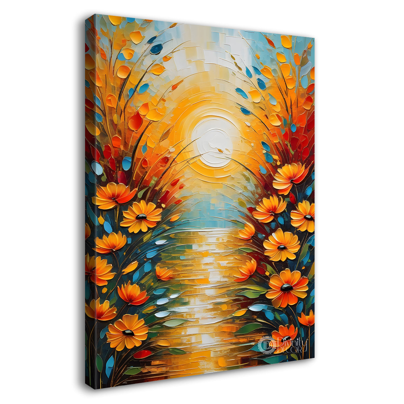 Orange flowers with sunrise textured painting - Flower-V-21