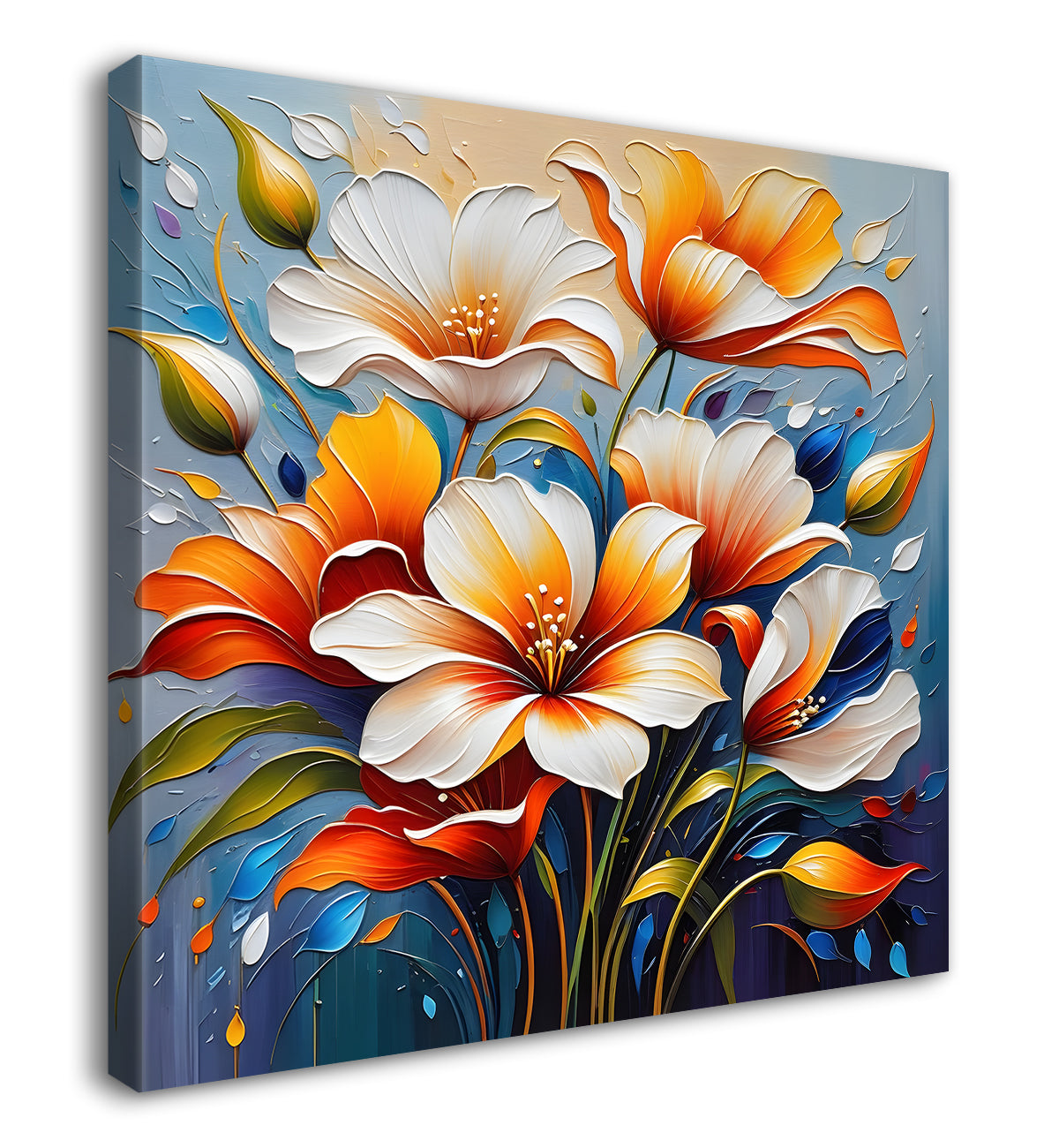 Peach flowers in blue background textured painting - Flower-S-21