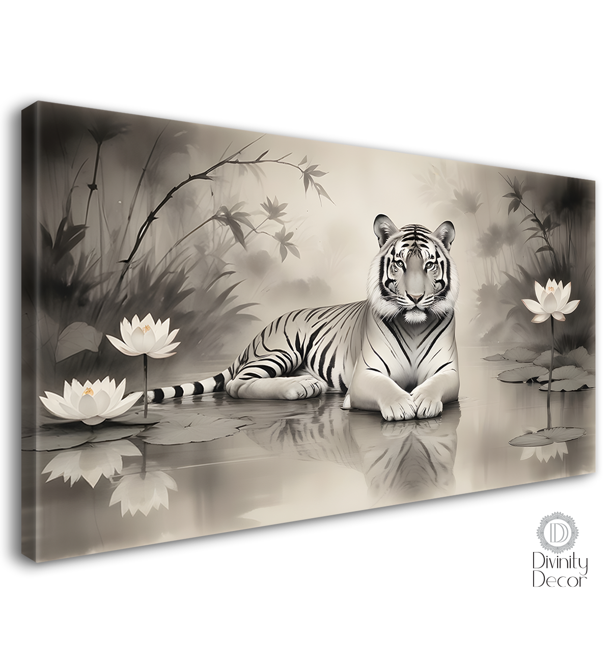 Black and White Tiger with white lotus and fog textured art.- Design - Animal -21