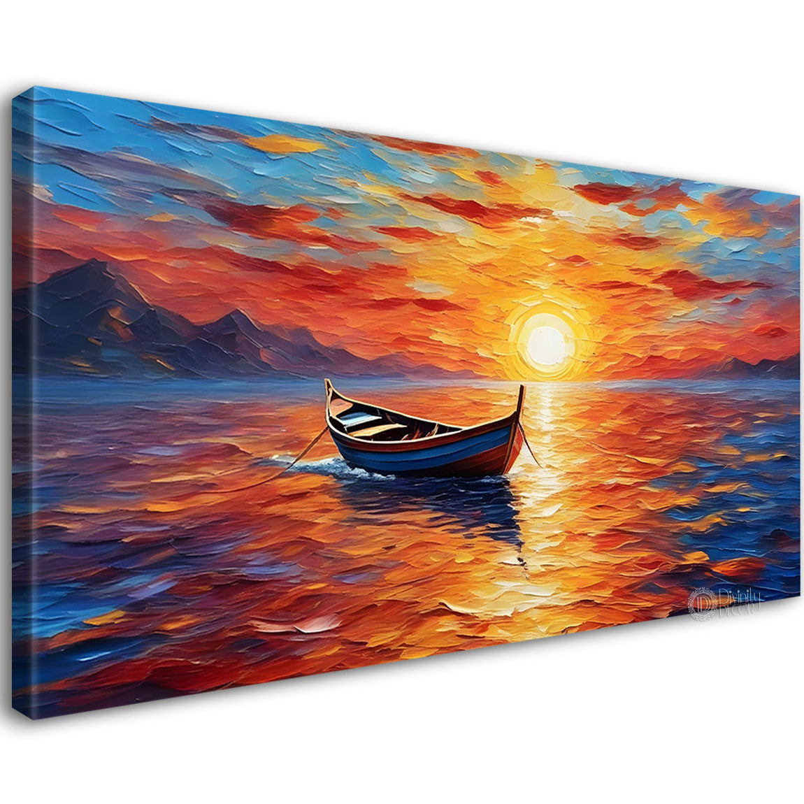Boat in sea with sunrise background textured modern art canvas painting - Design - River-21