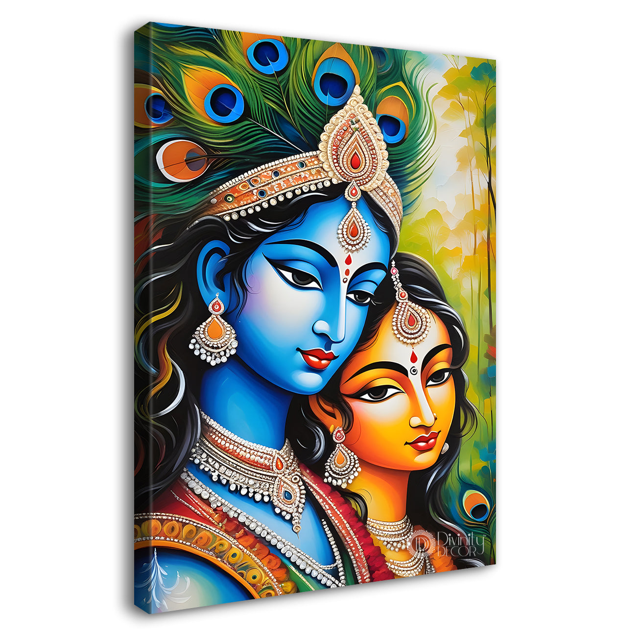 Blue face of krishna with radha in peacock feathers background textured art Canvas Painting - Design - Krishna-V-21