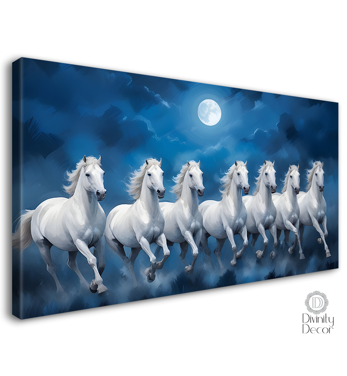 White horses running with moon in cloudy and blue textured background art Canvas Painting - Design - Horse-22