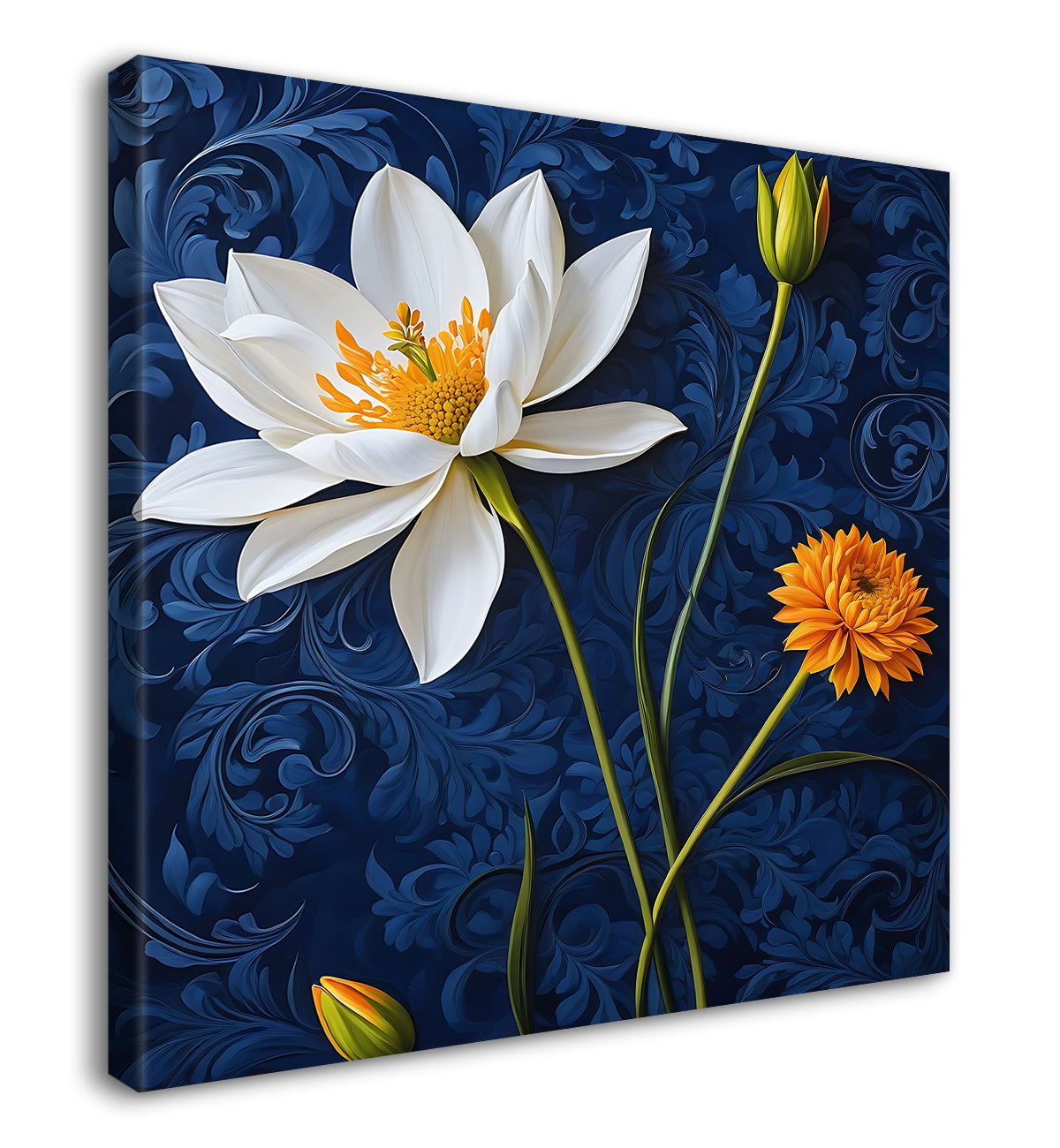 White flower in navy blue textured painting - Flower-S-220