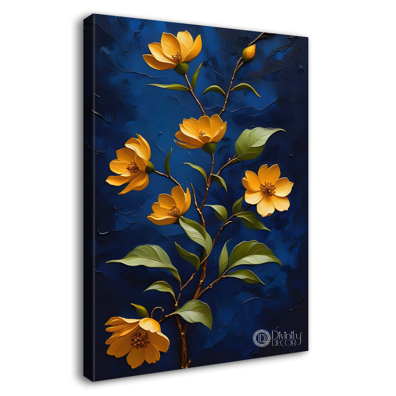 Yellow flowers in navy blue textured background painting- Flower-V-220