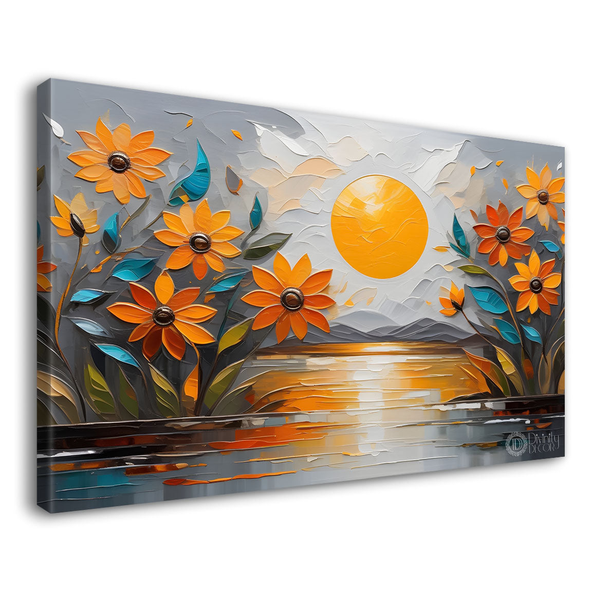 Orange flowers with sun and river background painting- Design - Flower-220