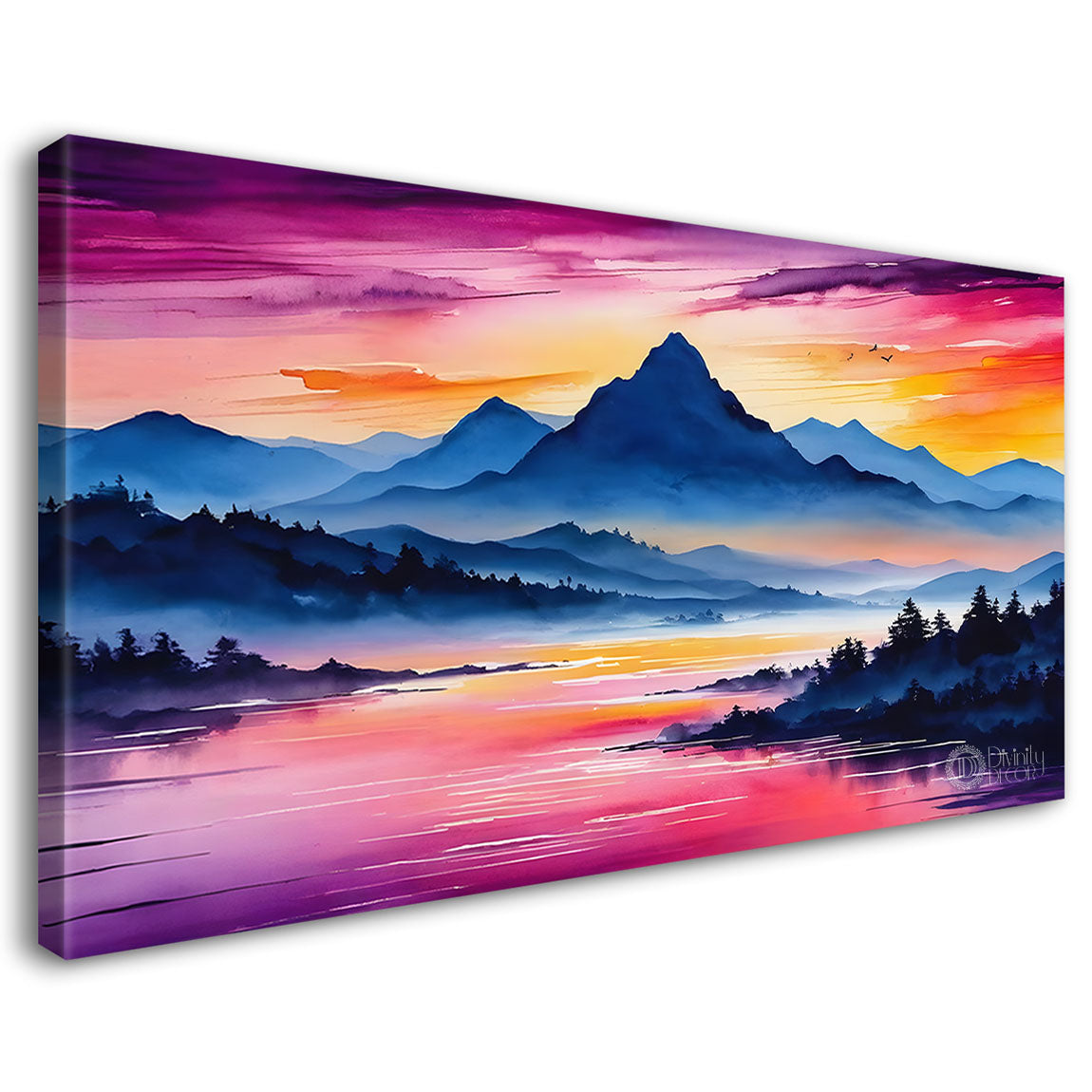 Mountains with river and pink sky painting Canvas Painting - Nature Art -221