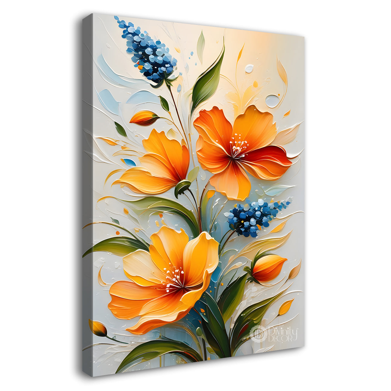 Orange flowers in grey textured background painting- Flower-V-221(Copy)