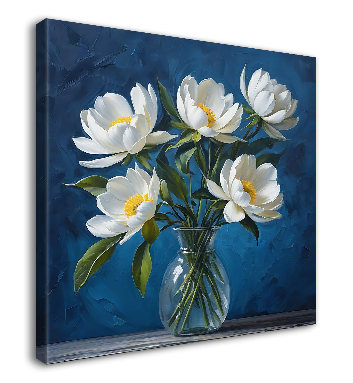 White flowers in navy blue textured painting - Flower-S-221