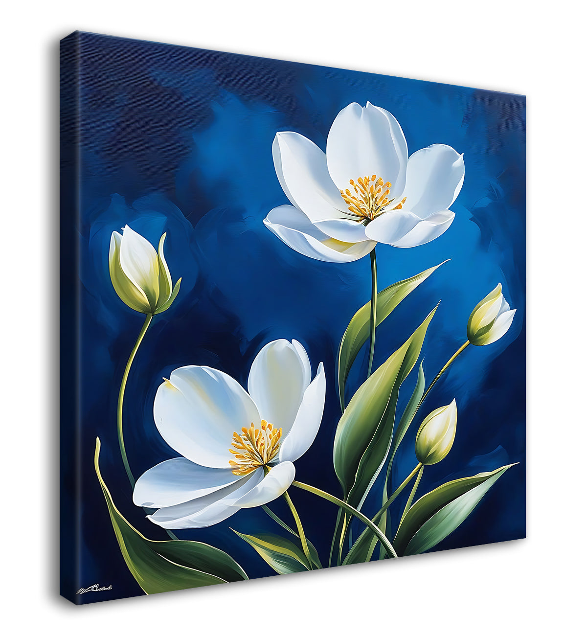 White flowers in navy blue textured painting - Flower-S-222