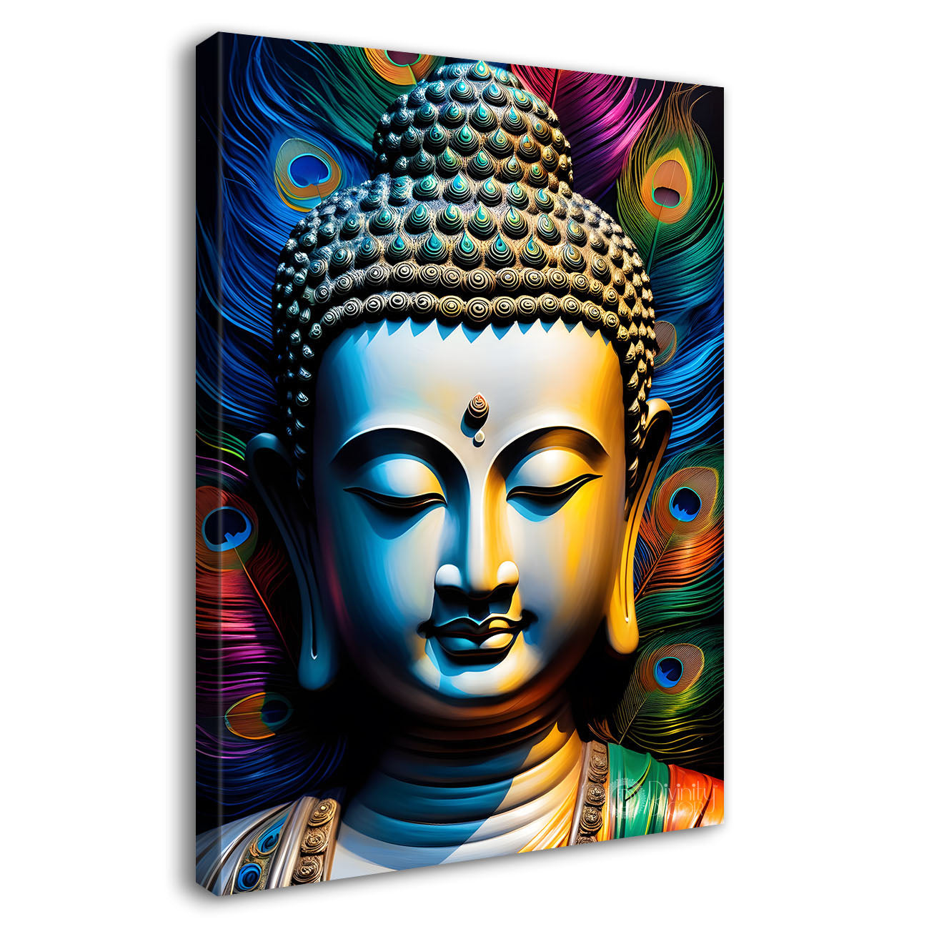 Golden buddha with colourful peacock feathers painting Buddha-V-222