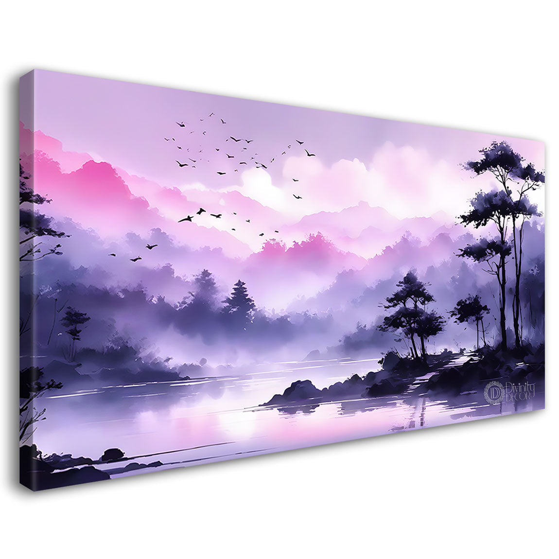 Mountains with trees with purple water color painting Canvas Painting - Nature Art -223