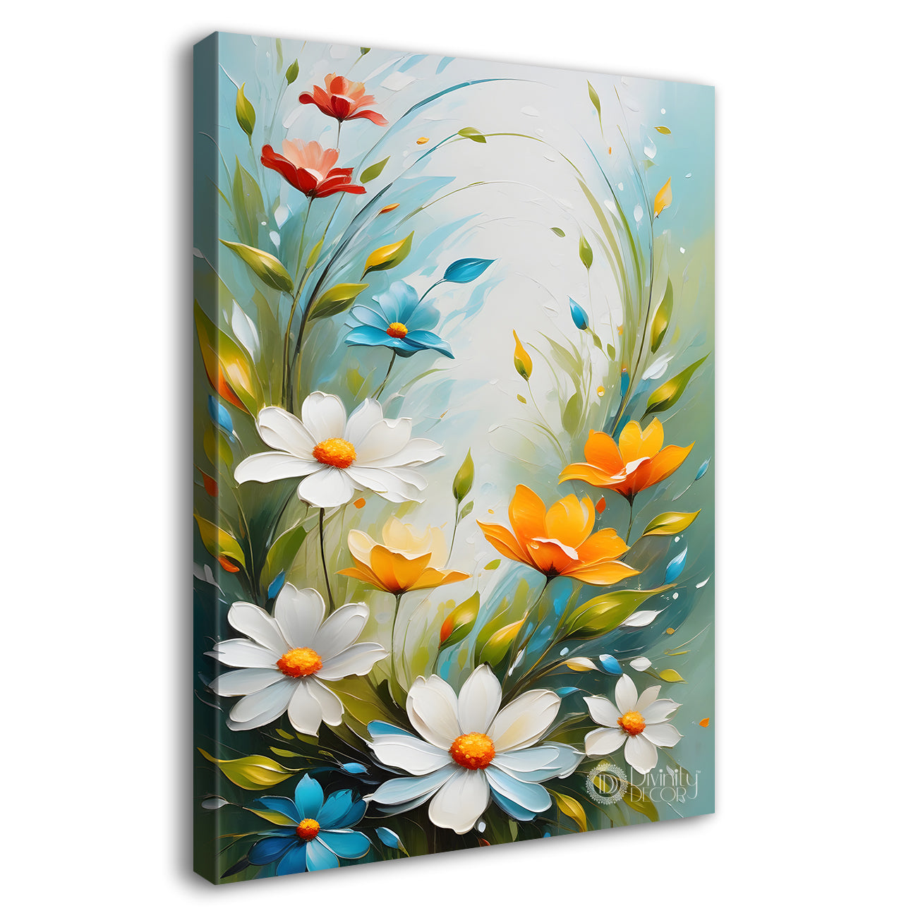 White flowers in sky blue textured background painting- Flower-V-223
