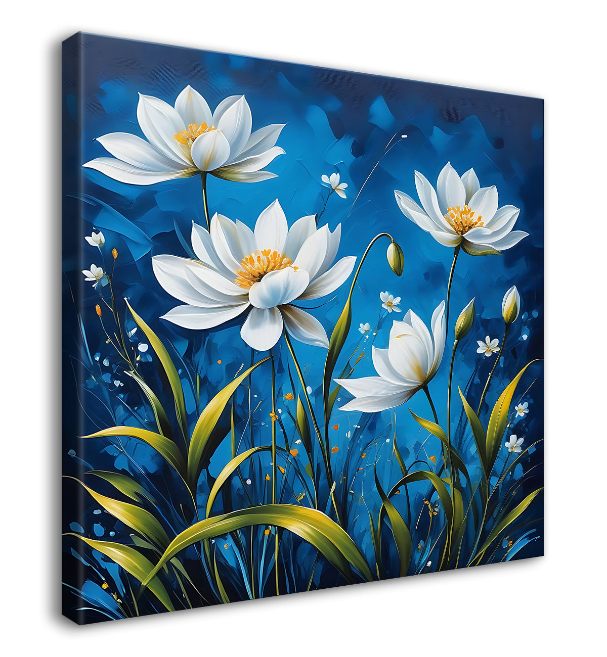 White flowers in navy blue textured painting  - Flower-S-223