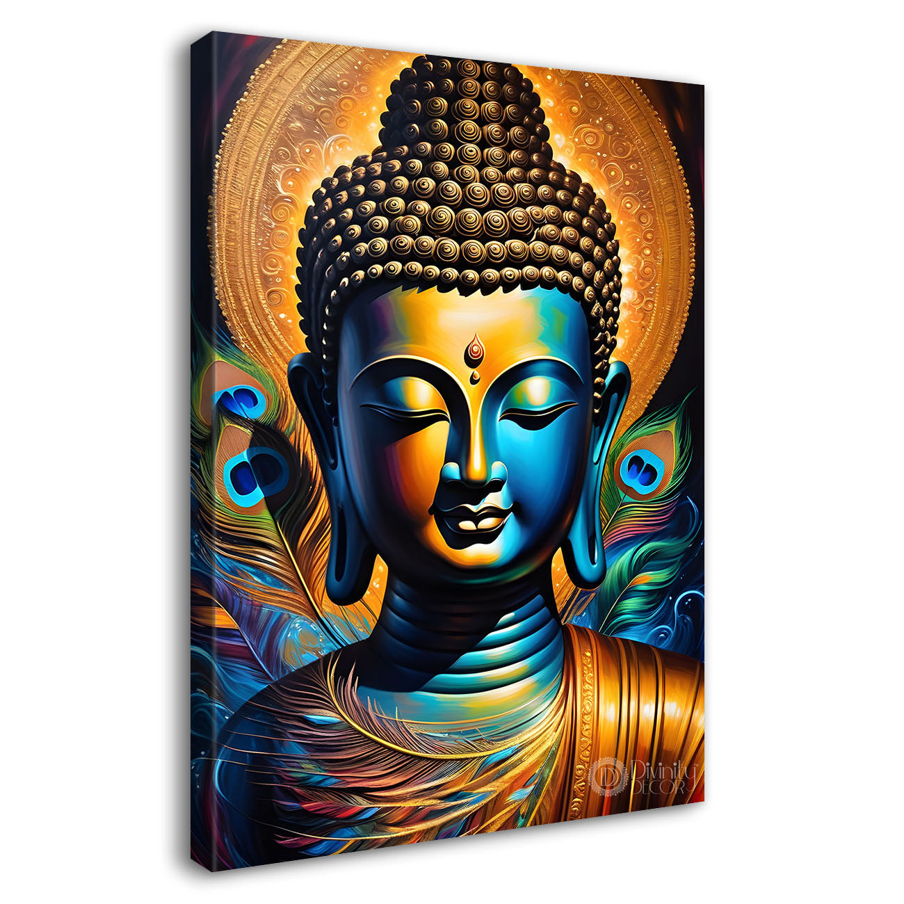 Golden buddha with peacock feathers painting Buddha-V-223