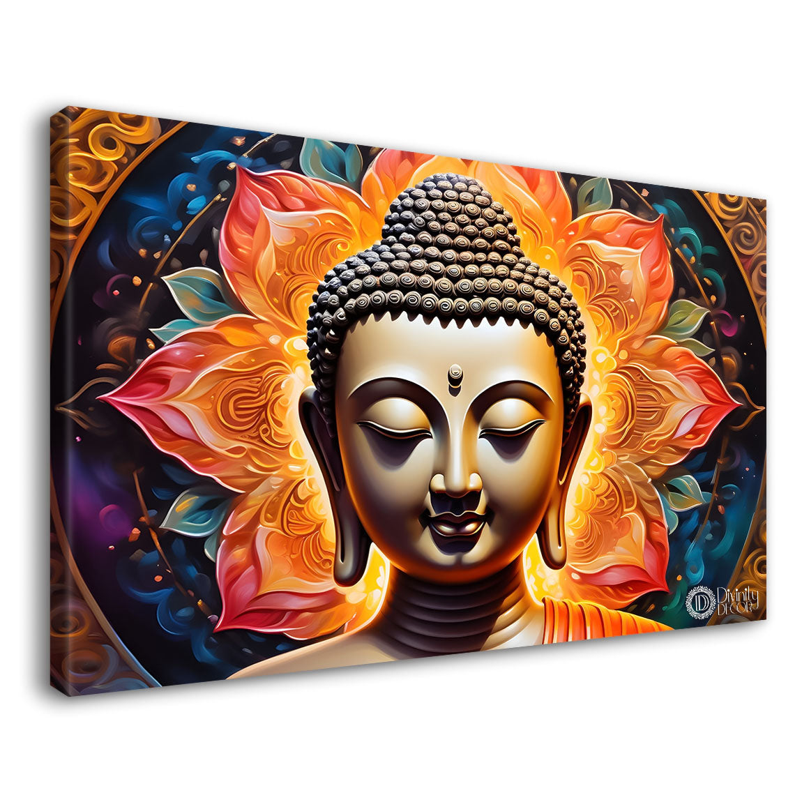 Golden buddha with orange  textured background painting Canvas Wall Painting - Buddha-224