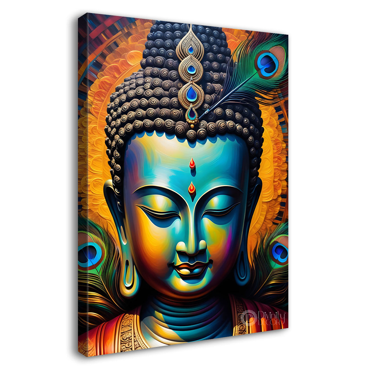 Golden buddha with peacock feathers painting Buddha-V-224