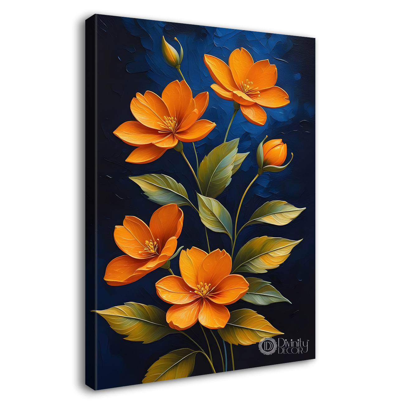 Orange flowers in navy blue textured painting- Flower-V-224