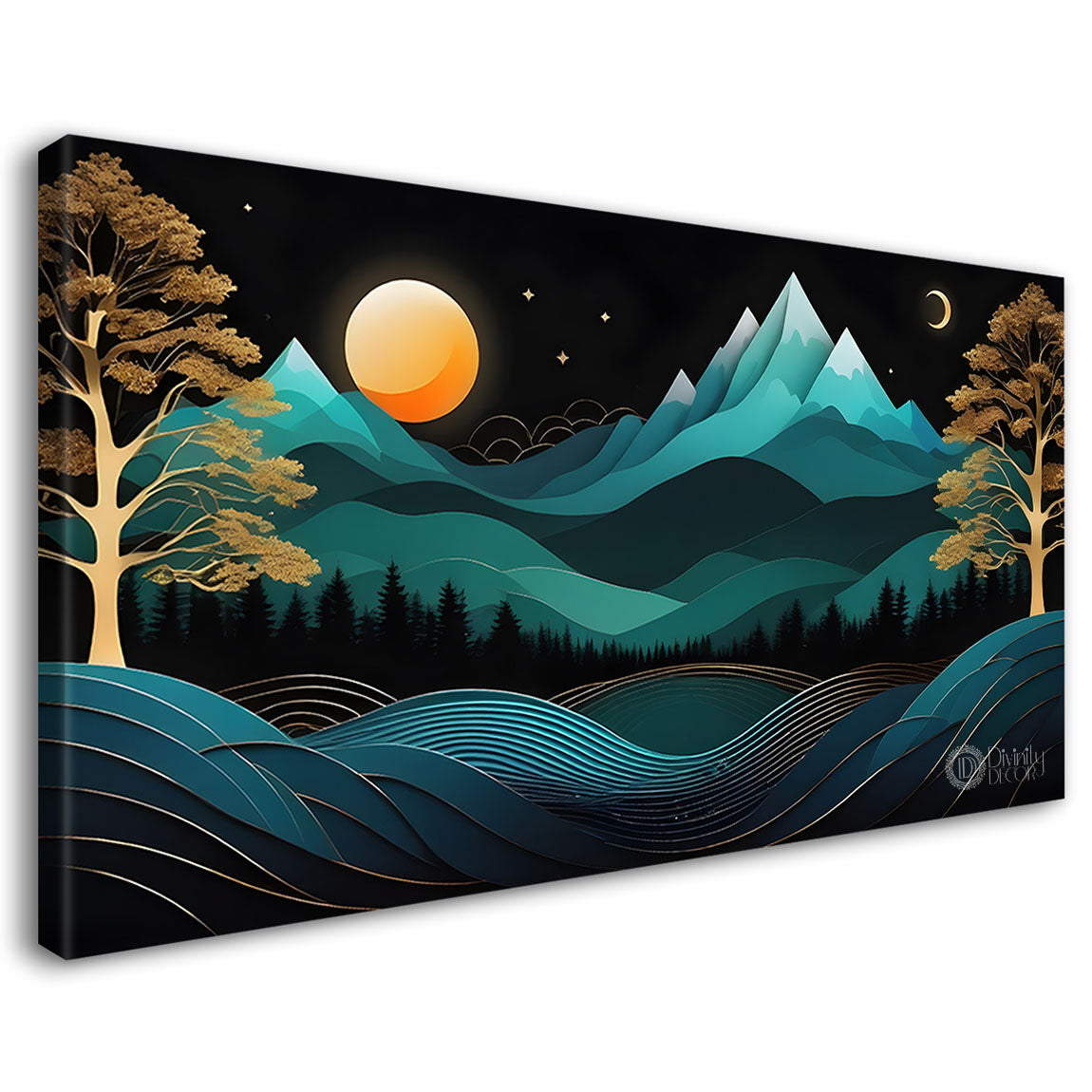 Green mountains with golden moon and trees Canvas Painting - Nature Art -224