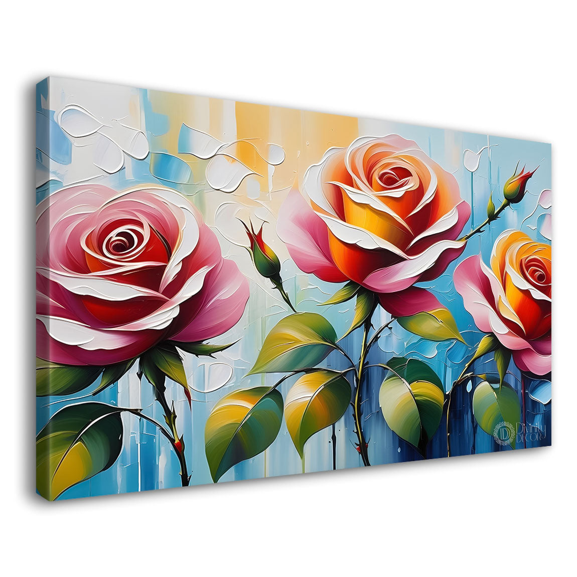 Pink roses with blue textured background painting- Design - Flower-224