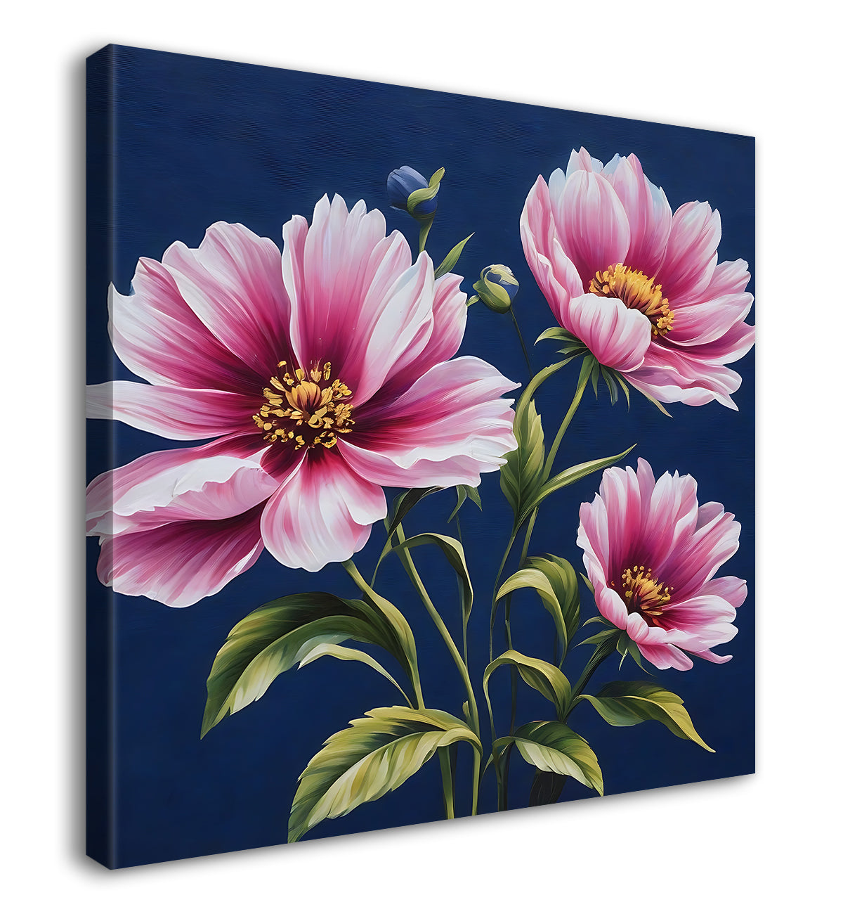 Pink flowers in navy blue textured painting - Flower-S-225