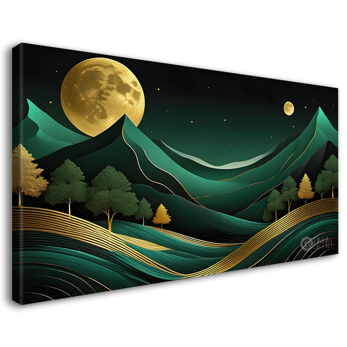 Green mountains with golden moon and trees Canvas Painting - Nature Art -226