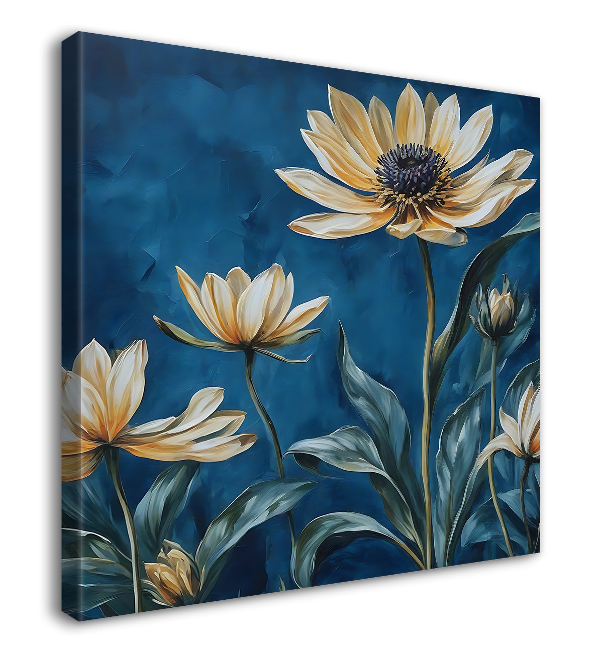 Yellow flowers in navy blue textured painting - Flower-S-226