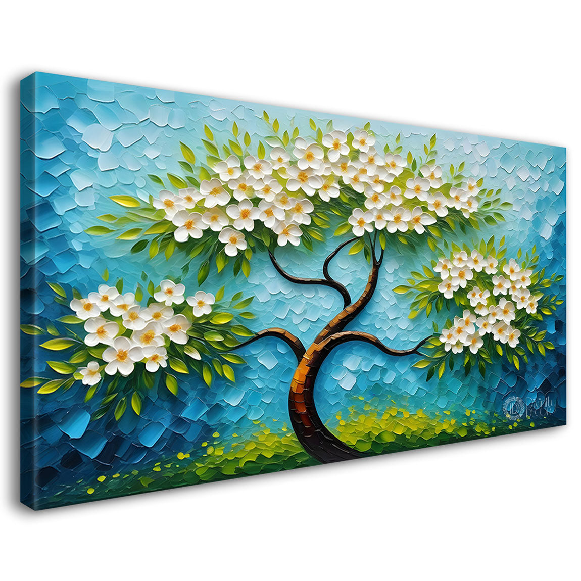 White flower tree in textured background oil painting- Design - Tree-227