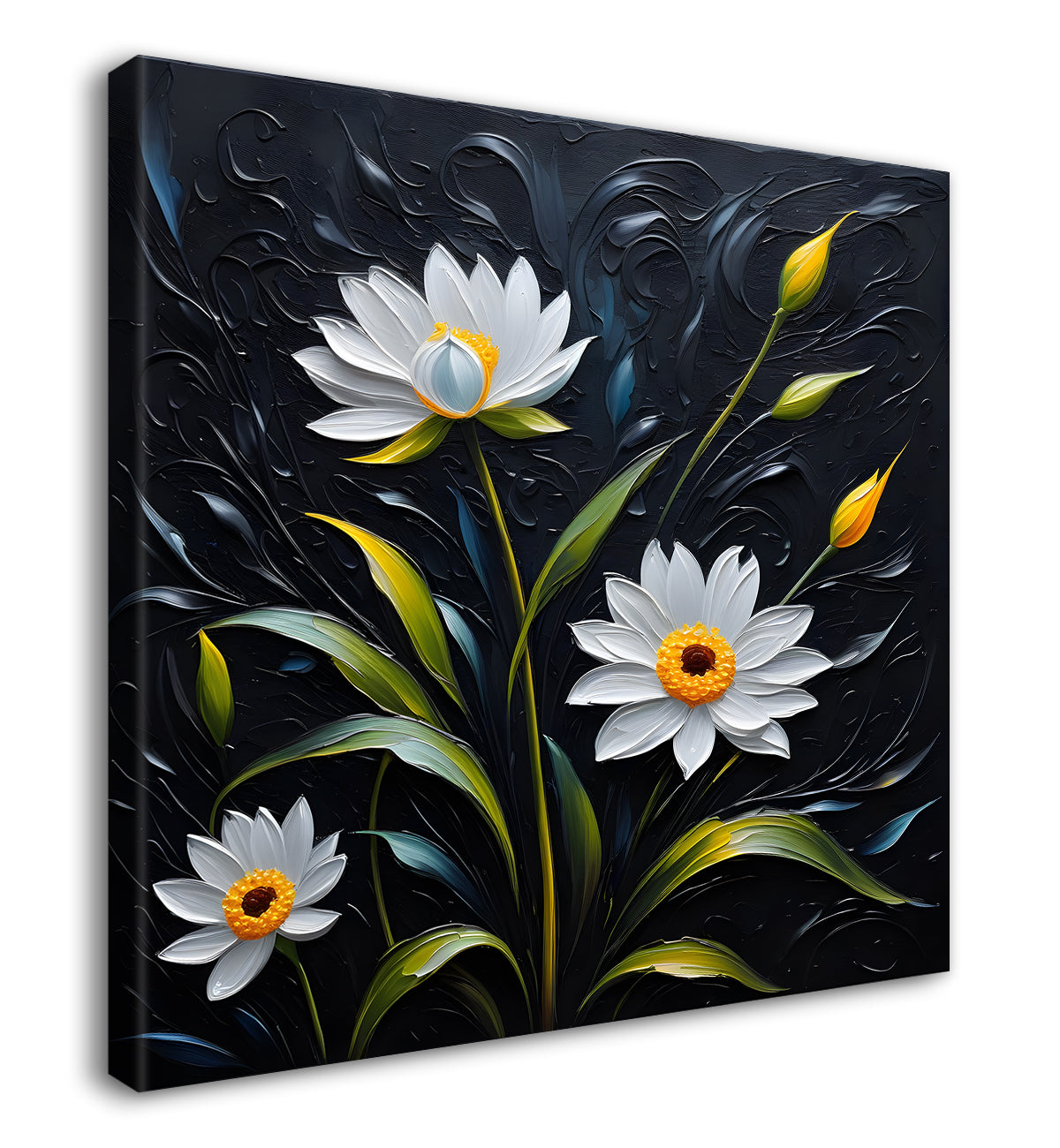 White flowers in navy blue textured painting - Flower-S-227